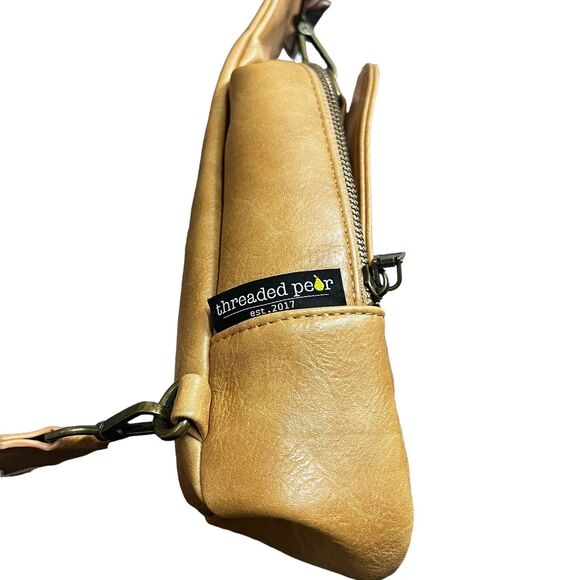 Threaded Pear Tan Vegan Leather Sling Bag Embroidered Strap - Picture 7 of 11